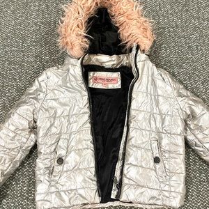 Urban Republic Silver Metallic Puffer Jacket with Pink Faux Fur